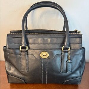 Vintage COACH, Top Handle Handbag, Black Leather Satchel, Barrel Handle Handbag.
